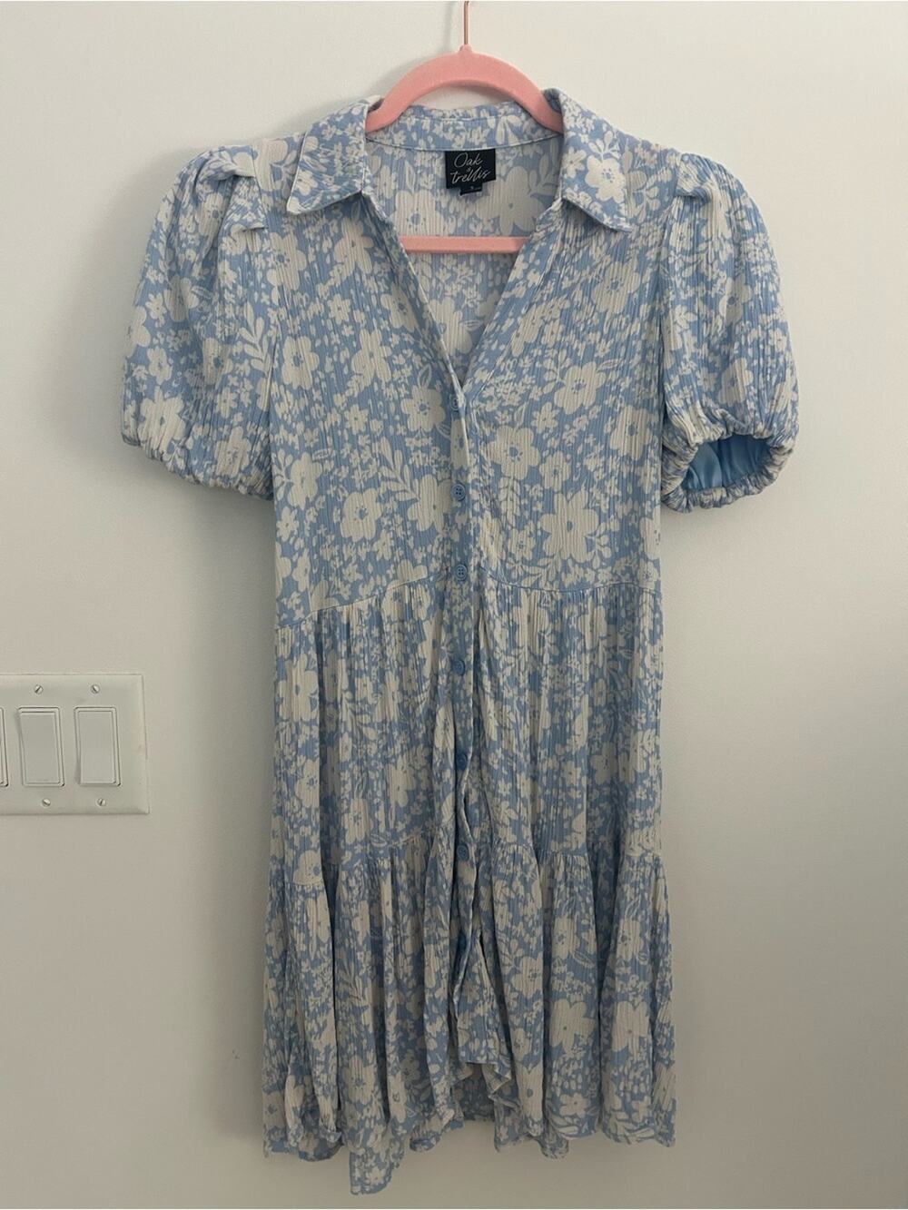 Oak & Trellis Women’s Small Blue White Floral Puff Sleeve Button Down Dress
